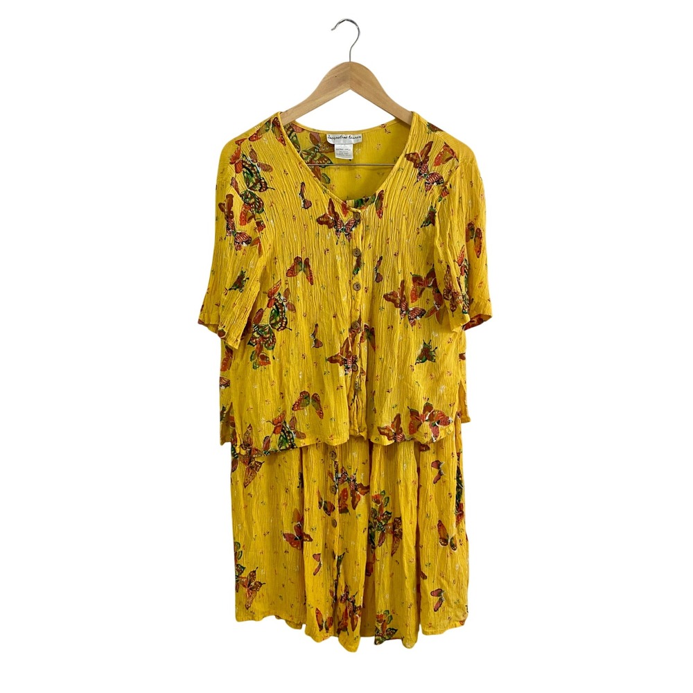 VTG Jacqueline Lauren Butterfly Crinkle Rayon Skirt Set‎ XL Yellow Cottagecore